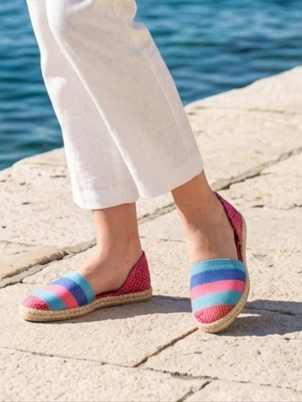 Women's Vibrant Boho Espadrilles Size 7 Pink Blue Striped Canvas Resort Wear